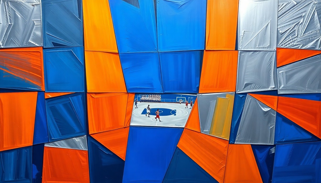 A cubist, geometric painting depicting the action and energy of a basketball game, with sharp, overlapping shapes and planes in a bold color scheme conveying the competitive spirit of the Rookie of the Year race.