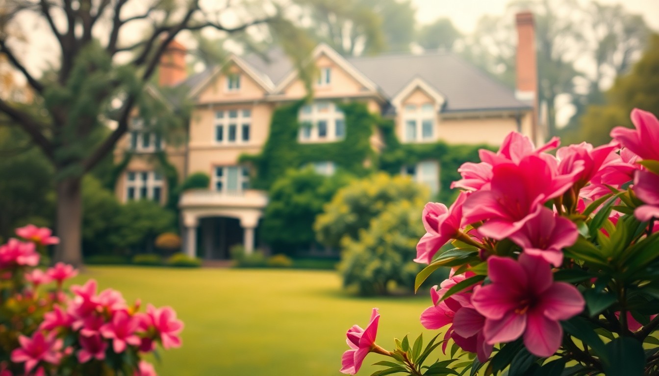 An impressionistic, out-of-focus photograph showing the soft, blurred outline of an elegant historic home surrounded by lush greenery and vibrant azalea flowers, conveying the atmospheric mood of the Azalea Festival home tour.