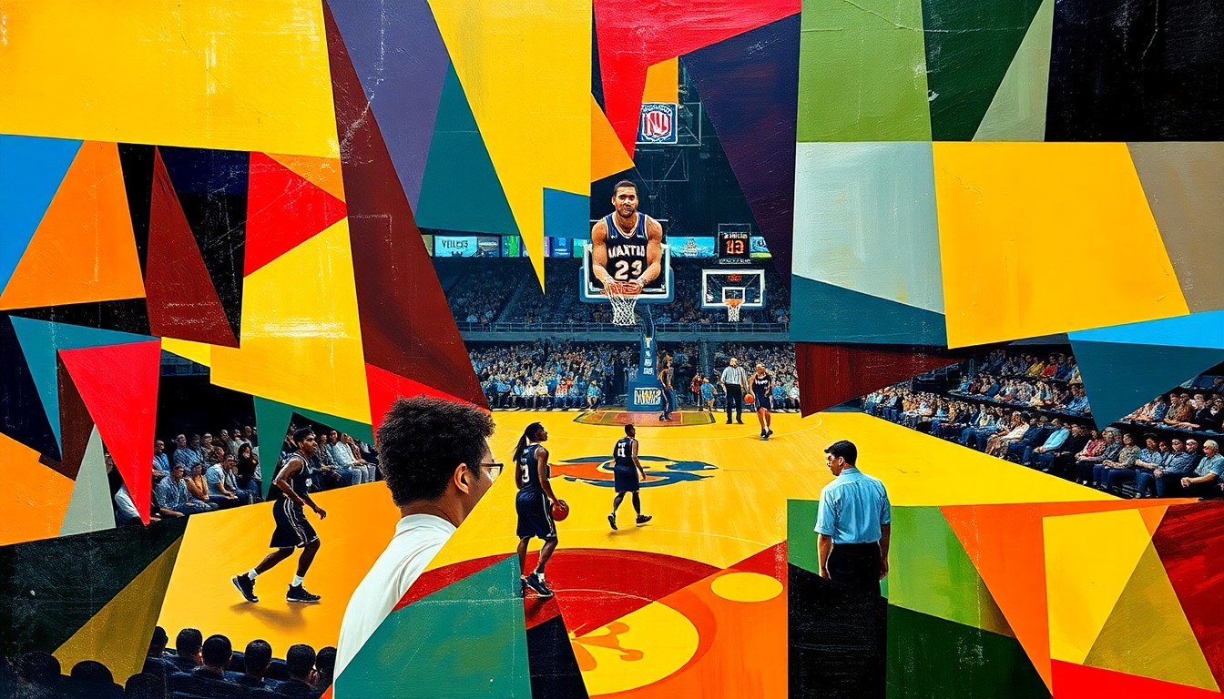 A cubist, geometric painting depicting the abstracted figures of basketball players in motion, with the court and arena fading into the background in a fractured, multi-perspective style.