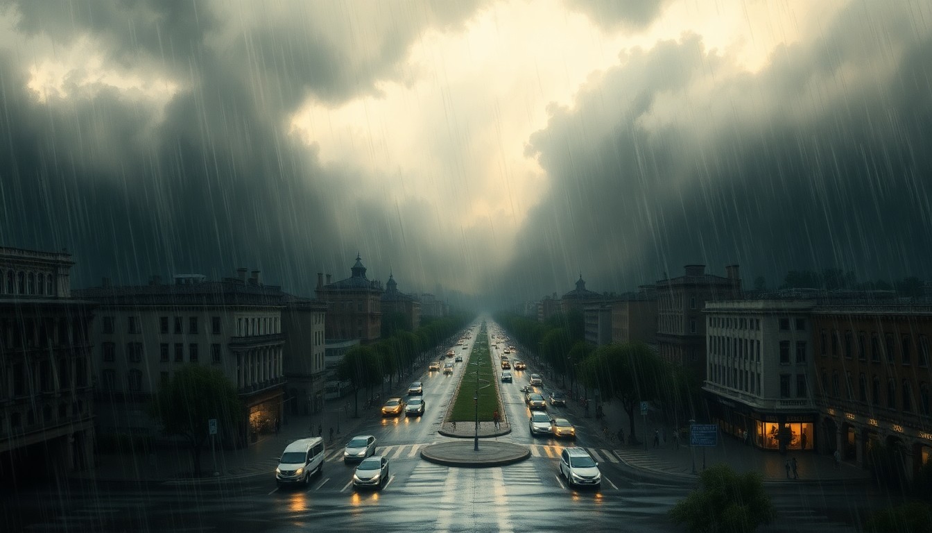 A sweeping, atmospheric landscape painting in muted tones, with heavy rain and wind obscuring the details of a busy city street intersection, conveying the raw power of extreme weather conditions.