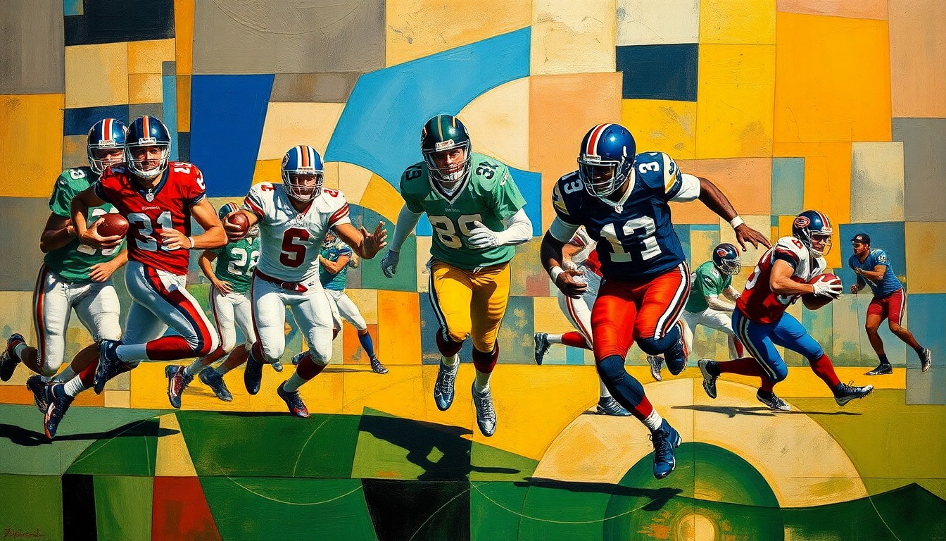 A cubist, geometric painting depicting a football game, with fragmented and overlapping shapes representing the players, the ball, and the action on the field. The painting captures the energy and intensity of the game, with a focus on the running game and the Sugar Skulls' second-half surge.