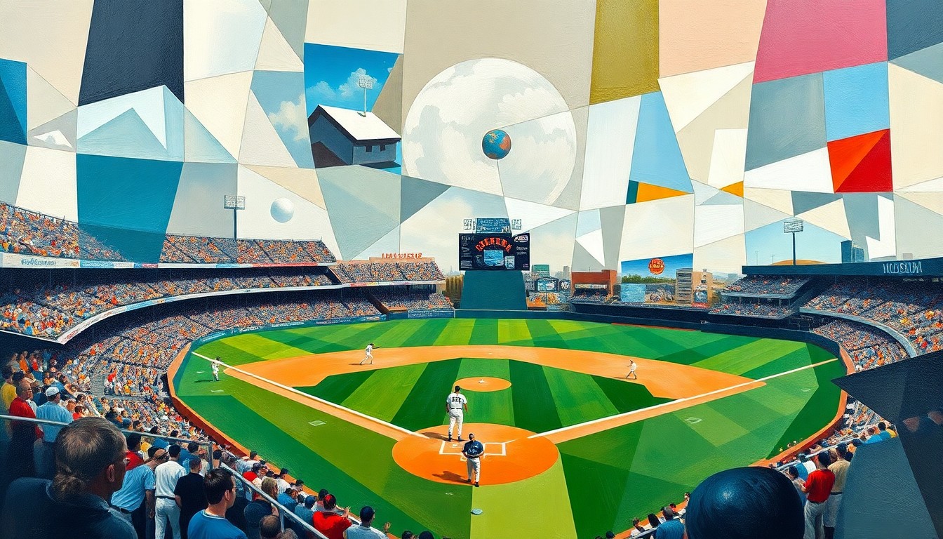 A fractured, multi-perspective painting depicting a baseball game, with the players and field reduced to abstract shapes and planes of color in a cubist style.