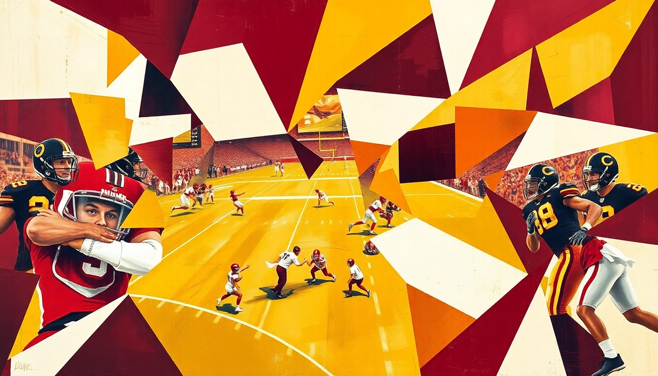 A cubist, geometric painting depicting a football coaching scene, with sharp, overlapping planes of burgundy, gold, and white shapes representing the players, coaches, and field.