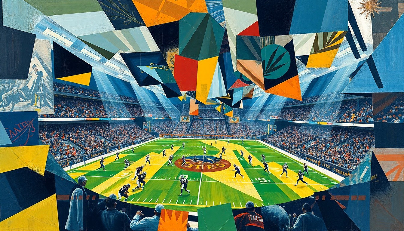 A cubist-style painting depicting a football game broken down into sharp, overlapping geometric shapes and planes, capturing the dynamic energy and strategic complexity of the sport.