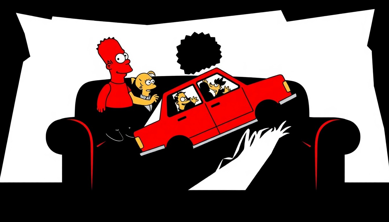 A bold, abstract illustration in the style of Saul Bass, featuring jagged geometric shapes and stark silhouettes in high-contrast colors, representing the iconic Simpsons couch and the family's car crashing into it.