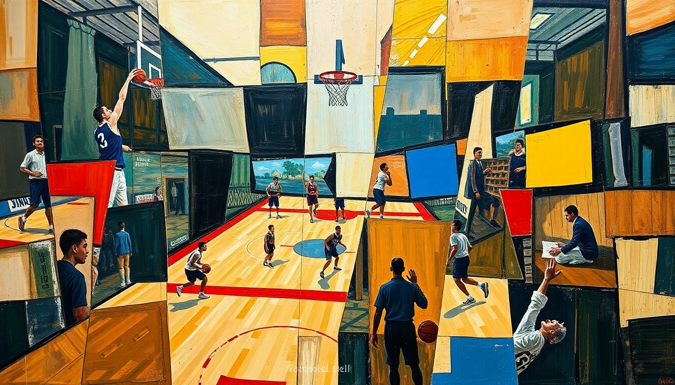 A cubist, geometric painting depicting fragmented basketball players and court elements, representing the diverse talents and perspectives of Maryland's NBA alumni.