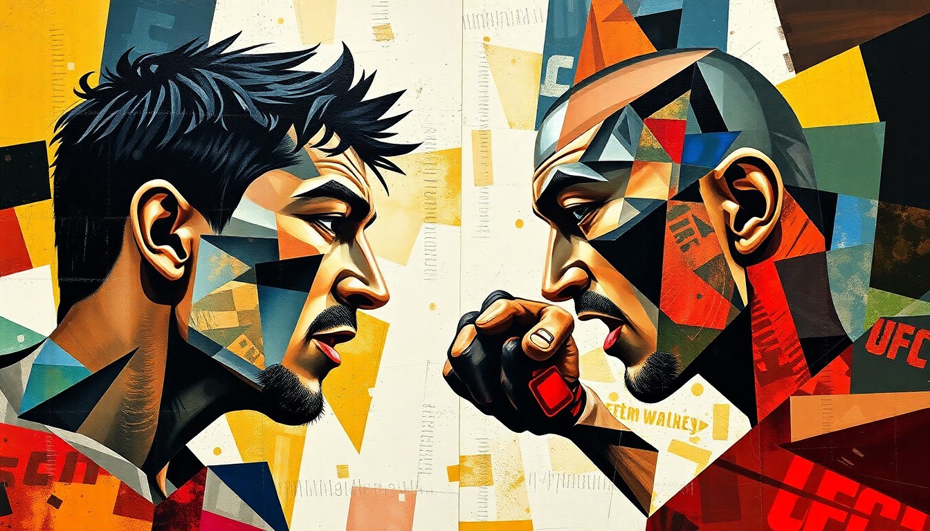 A fragmented, abstract painting depicting the intense action and competing perspectives of a UFC bantamweight title fight, with sharp geometric shapes and planes of color representing the dynamic nature of the matchup.