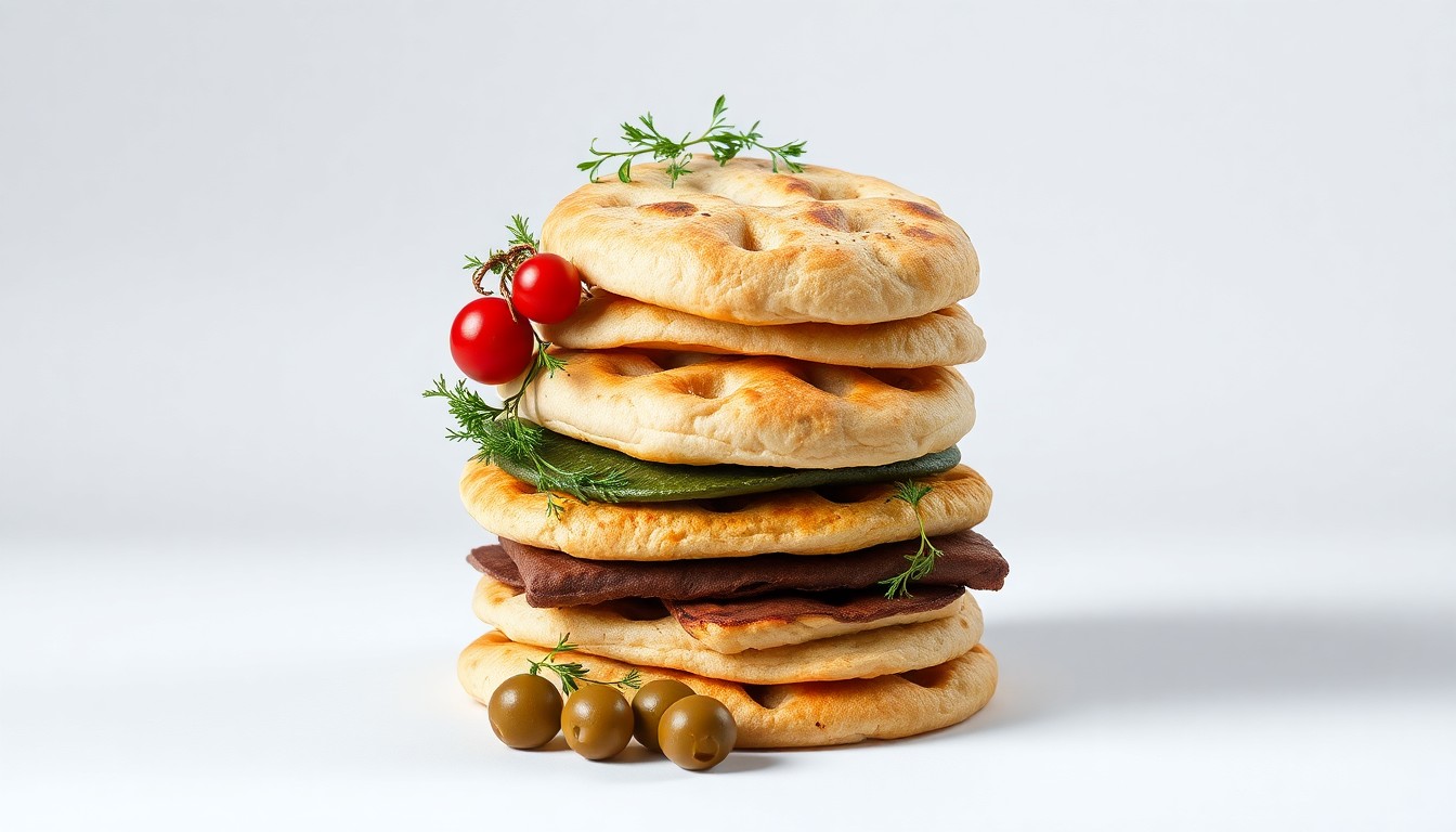 A photorealistic studio still-life photograph featuring a stack of fresh herbs, olives, and pita bread arranged elegantly on a clean, monochromatic background, conceptually representing the premium quality and craftsmanship of CAVA's menu offerings.