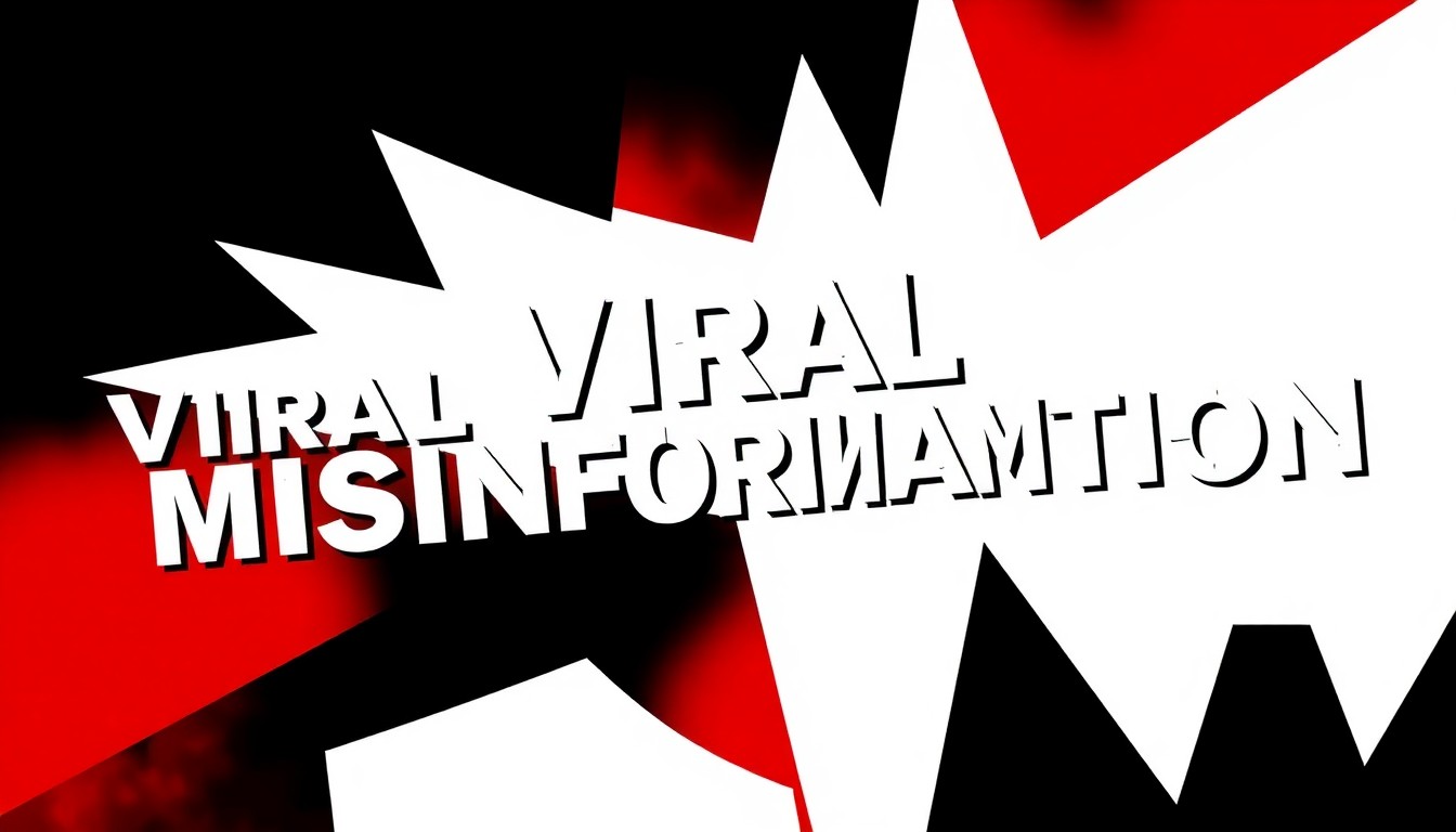 An abstract, minimalist illustration featuring bold, jagged black and white shapes with a striking red accent, conveying the concept of viral misinformation and the need for media literacy without using any text or identifiable imagery.