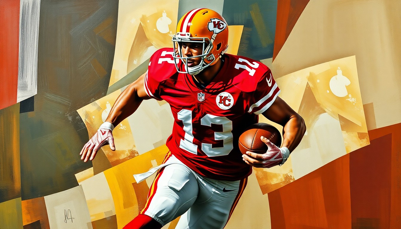 A cubist-style painting depicting a football player in action, their body and movements broken down into sharp, overlapping geometric shapes in the Chiefs' signature red and gold colors, conveying the team's strategic challenges in retaining their top talent.