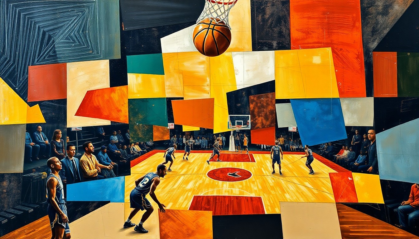 A cubist-style painting depicting a basketball game broken down into sharp, overlapping geometric shapes and planes, capturing the dynamic energy and movement of the sport.
