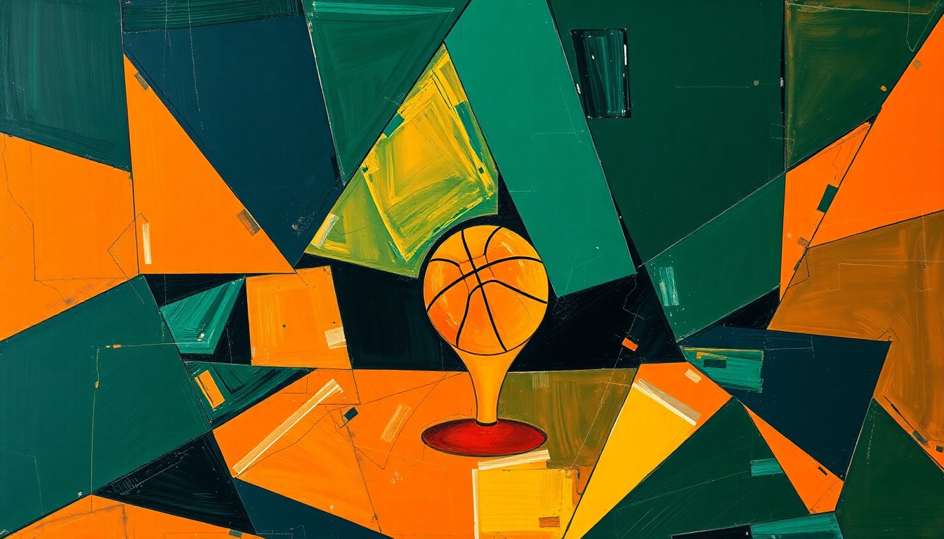 A cubist, geometric painting depicting a fragmented basketball court scene with overlapping shapes and planes in deep navy, forest green, and burnt orange tones, conveying the chaos and uncertainty surrounding the Bucks' coaching change and Giannis Antetokounmpo's future.
