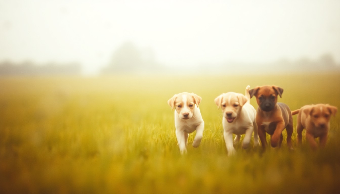 An abstract, impressionistic photograph in soft focus, depicting a blurred scene of puppies playing in a grassy field, conveying a sense of warmth and innocence.