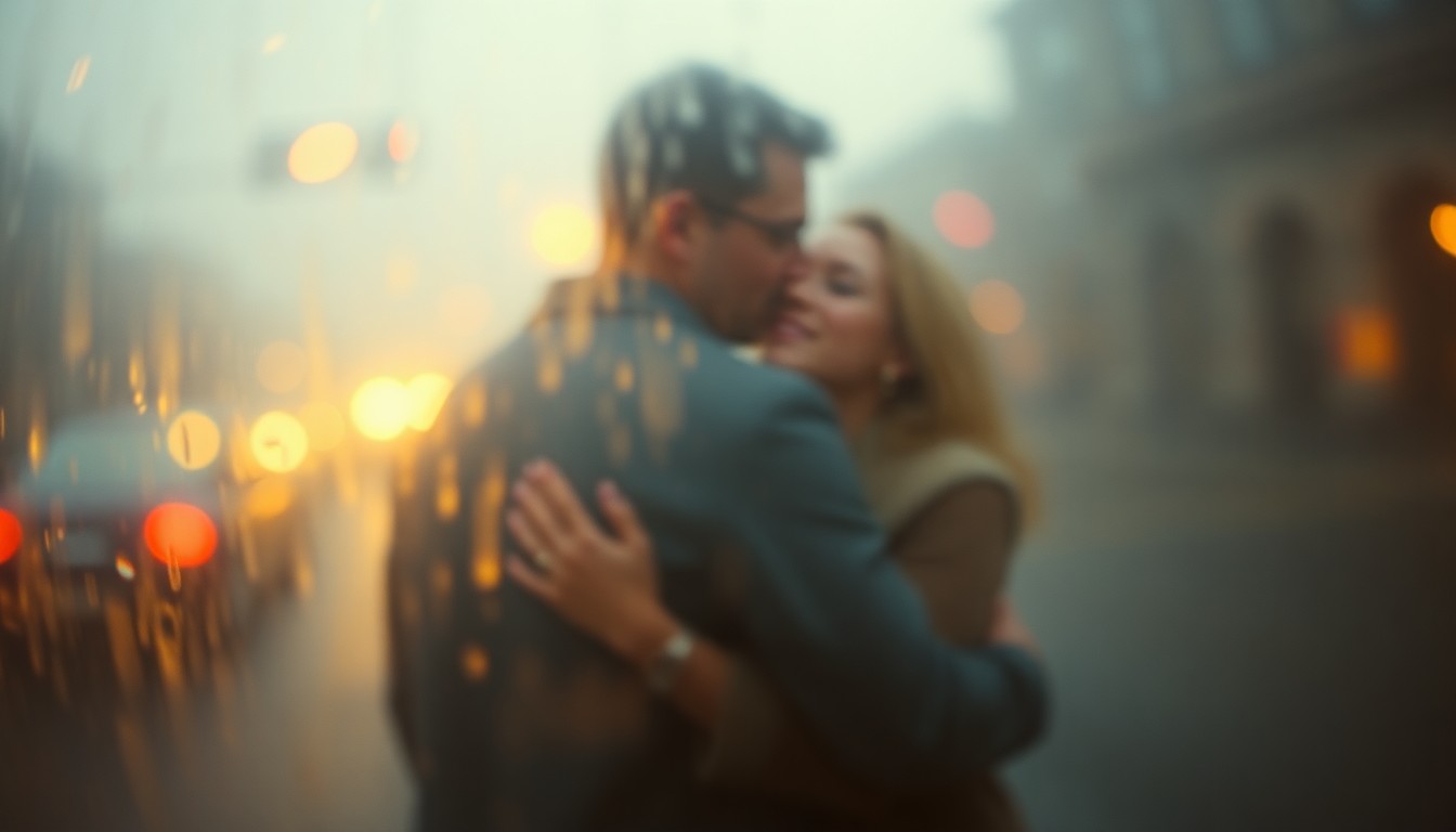 An extremely blurred, out-of-focus photograph in warm tones, showing the indistinct silhouettes of two people embracing, their features obscured by the soft, hazy light, conveying the emotional complexity of a friendship tested by the lingering impact of personal trauma.