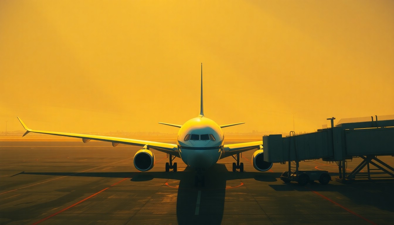 A realistic oil painting depicting a commercial airliner parked at a terminal gate, with warm sunlight casting dramatic shadows across the aircraft's fuselage and the surrounding architecture. The scene conveys a sense of quiet contemplation, reflecting the industry's efforts to improve safety measures following a tragic incident.