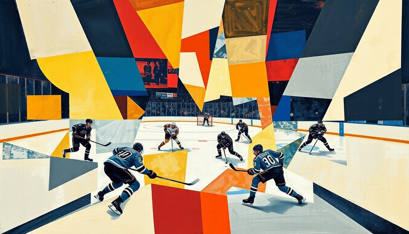 A cubist, fragmented painting depicting a hockey game, with players and the rink broken down into sharp, overlapping geometric shapes and planes in a vibrant color palette, conveying the competitive spirit and momentum of the Sabres' playoff chase.