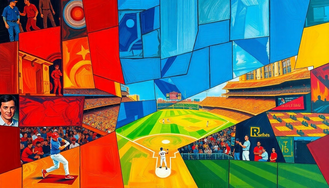 A cubist-style painting depicting a baseball game or match, with the players and field broken down into sharp, overlapping geometric shapes in vibrant colors, creating a dynamic and fragmented visual representation of the action.