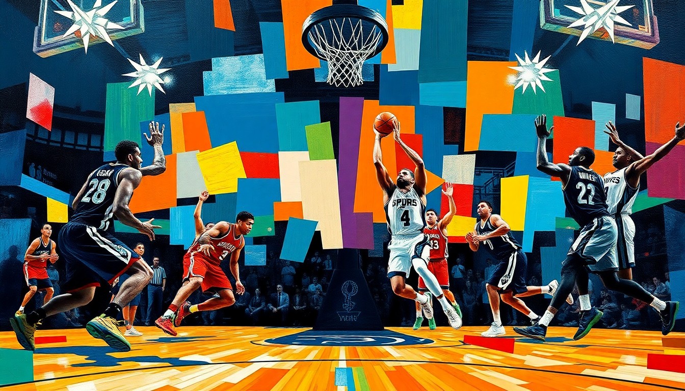 A fractured, cubist-style painting depicting the intense basketball action between the Timberwolves and Spurs, with sharp geometric shapes and planes in the teams' official colors representing the players and the court.