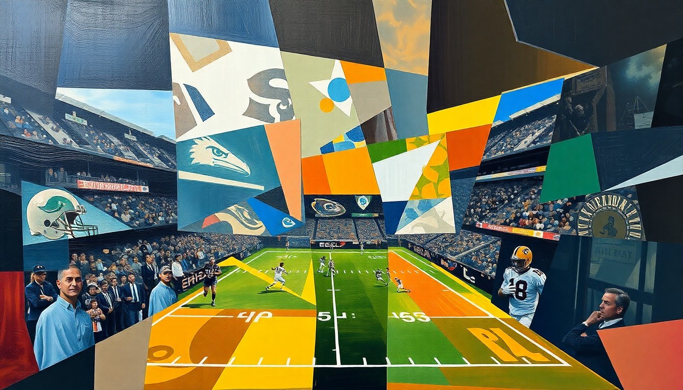 A cubist-style painting depicting a fragmented, geometric representation of a football game, with overlapping shapes and planes of color, conveying the evolving nature of the NFL's franchise tag system.