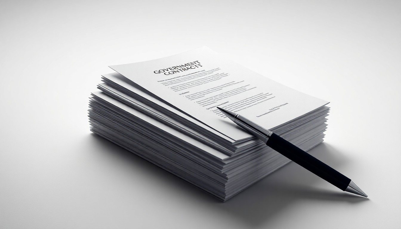 A photorealistic studio still life featuring a stack of government contracts and a pen on a clean, monochromatic background, conveying the abstract corporate strategy and ethical dilemmas involved in sensitive government work.