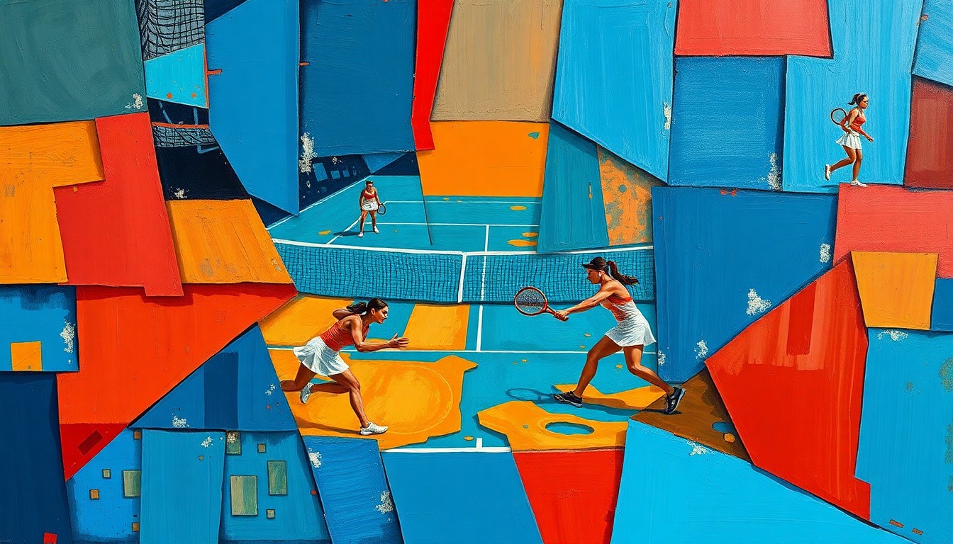 A cubist-inspired painting depicting a fragmented, geometric representation of a women's tennis match, with sharp planes of color and overlapping shapes conveying the dynamic energy and strategic maneuvering of the sport.