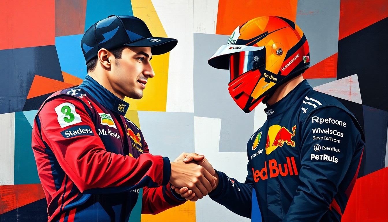 A cubist, geometric painting depicting the handshake between two Formula 1 drivers, with the number 3 prominently featured in their team's colors, representing the passing of an iconic race number between them.