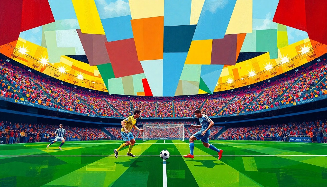 A fractured, multi-perspective painting in bold, geometric shapes and colors, capturing the dynamic action and competing forces of a soccer match between two teams.