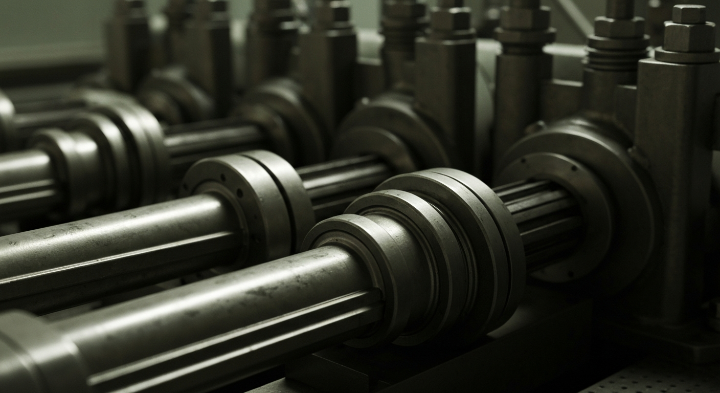 A highly detailed, black-and-white close-up image of gears, levers, and other heavy industrial components, conveying the idea of the robust infrastructure and mechanics that support the financial sector.