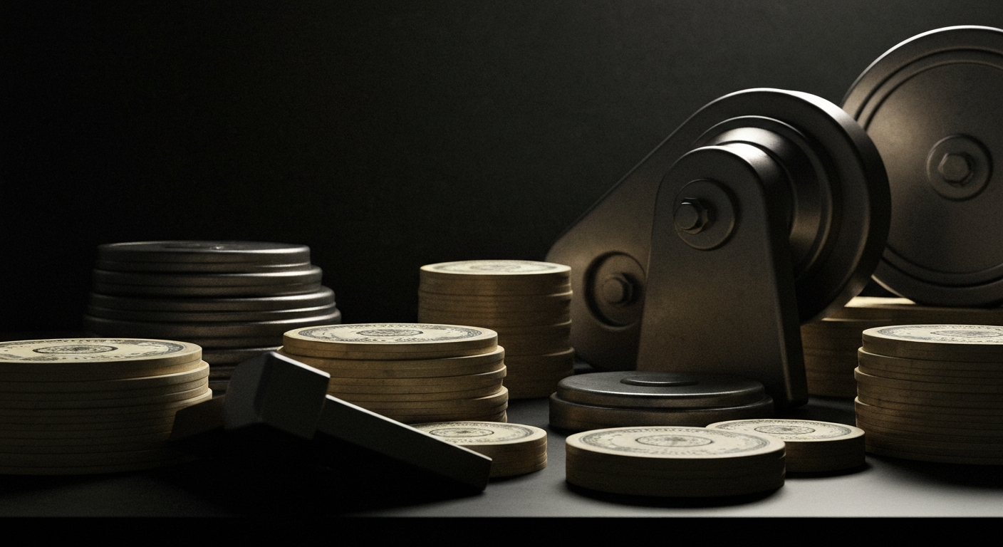 An extreme close-up of gears, levers, and other heavy industrial banking equipment, conveying a sense of the intricate financial systems that support the healthcare industry.