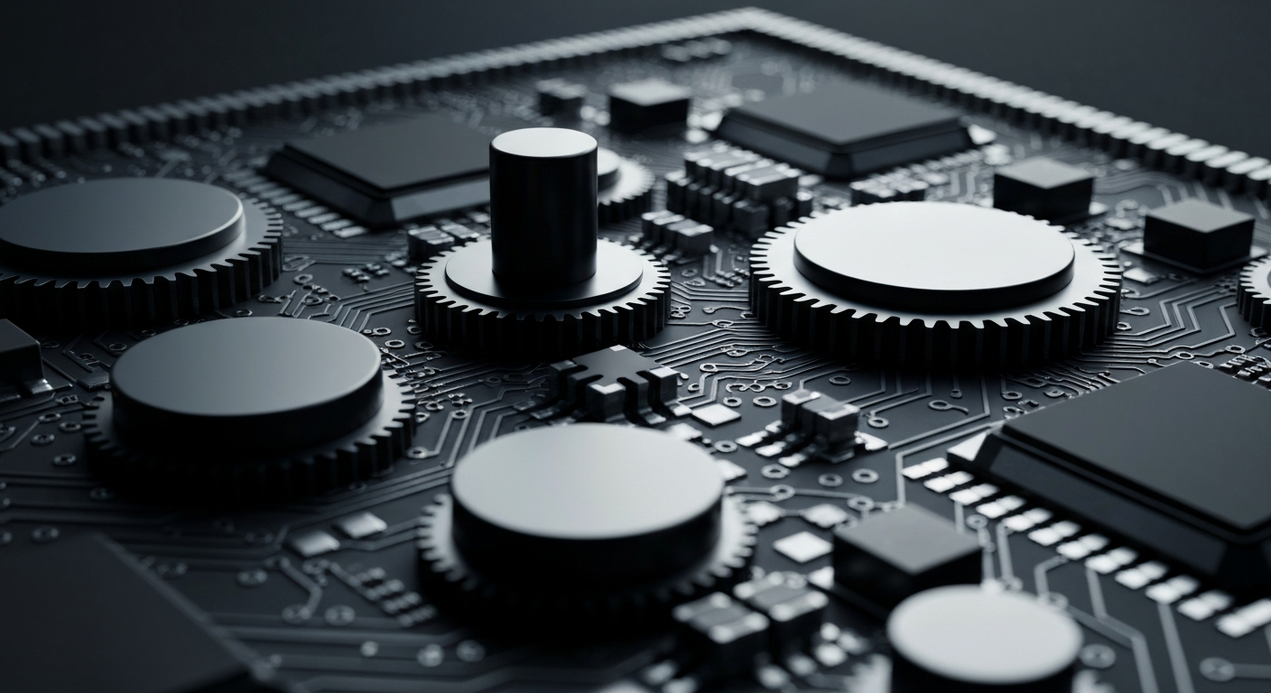 A highly detailed, black-and-white macro photograph of the intricate mechanical components and circuitry of a computer processor, conveying the technical complexity and industrial nature of the semiconductor industry.