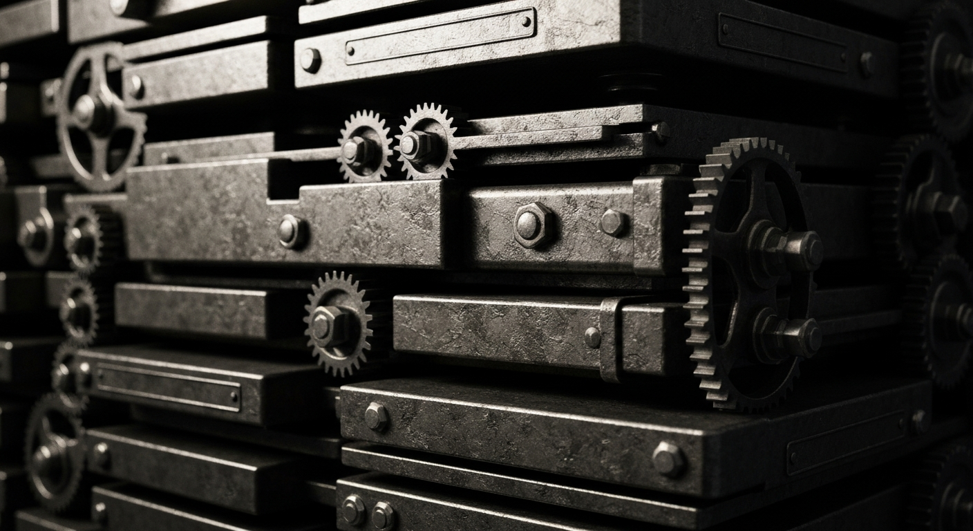 An extreme close-up of a stack of metal banking machines and gears, heavily textured and dramatically lit, conceptually representing the tangible infrastructure of the financial industry.