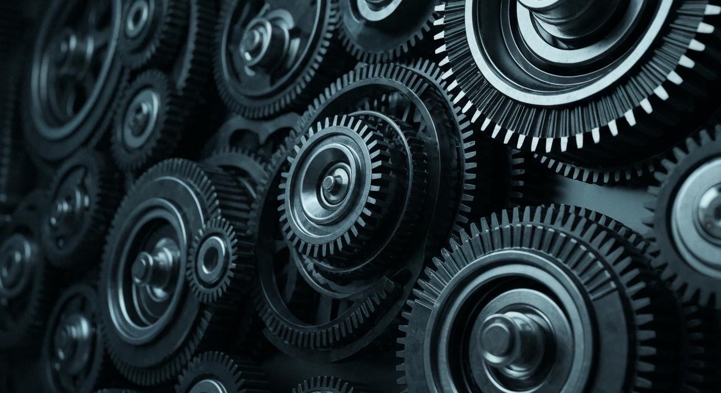 An extreme close-up of the complex, interlocking metal components of a high-tech banking vault, conveying a sense of the secure, powerful infrastructure behind modern finance as a conceptual metaphor for institutional investment.