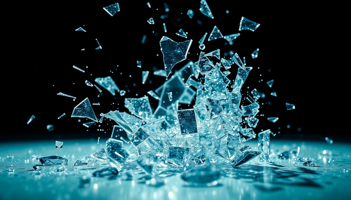 An extreme close-up of shattered, glittering glass fragments reflecting dramatic studio lighting, conceptually representing the bold, unconventional tone of Smiling Friends' farewell episodes.