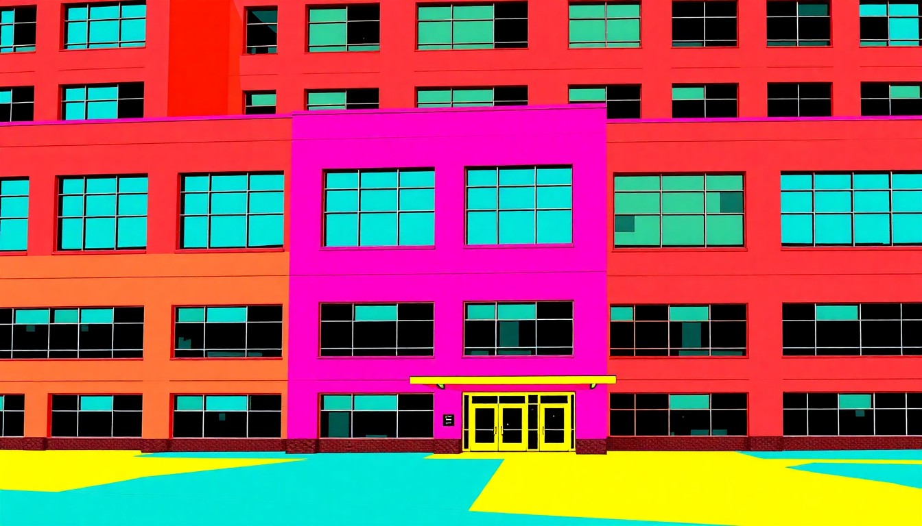 A brightly colored, high-contrast silkscreen print of a modern school building with clean lines and large windows, repeated in a tight grid pattern in the style of Andy Warhol, capturing the bold, iconic nature of the new Central Falls High School facility.