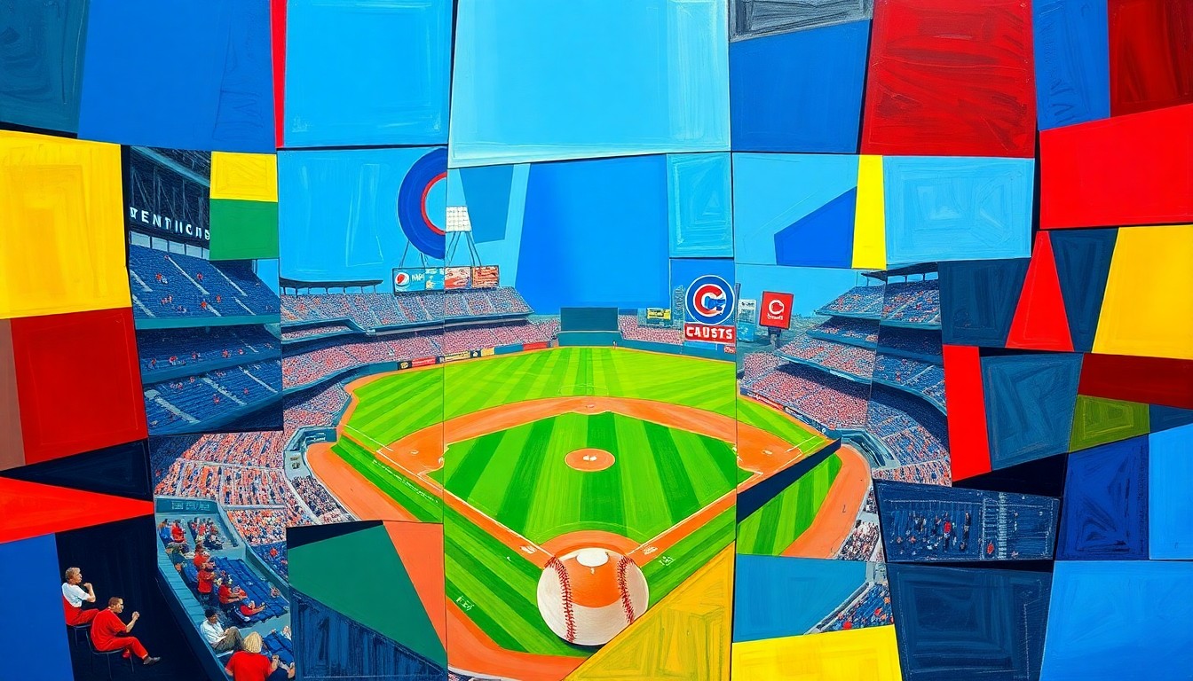 A cubist-style painting featuring fragmented, geometric shapes in shades of blue, red, and yellow, representing a Chicago Cubs baseball game in a deconstructed, multi-perspective style.