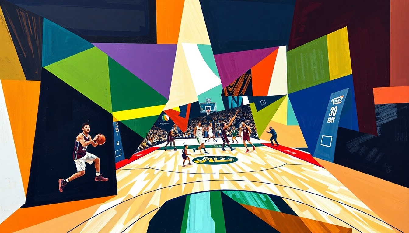 A cubist-style painting featuring sharp, overlapping geometric planes in the vibrant colors of the Sacramento Kings and Utah Jazz basketball teams, conceptually representing the strategic shift and long-term vision behind the Kings' decision to retain their head coach.