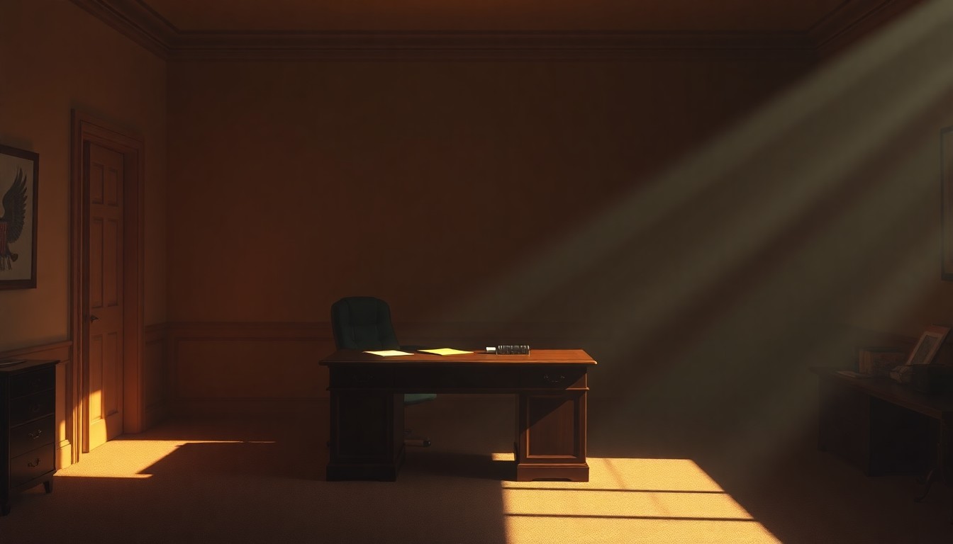 A photorealistic painting of an empty political office desk in a dimly lit room, with warm sunlight streaming in through a window and creating deep shadows across the surface, conveying a sense of solitude and contemplation.