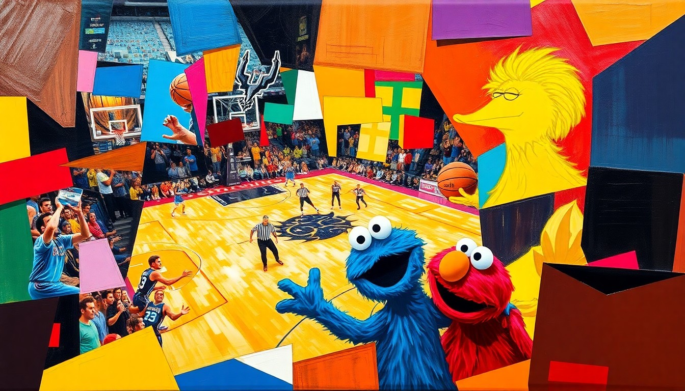 A cubist-style painting depicting a Spurs basketball game against the Orlando Magic, with Sesame Street characters like Elmo, Big Bird, and Cookie Monster integrated into the abstract, geometric sports action.