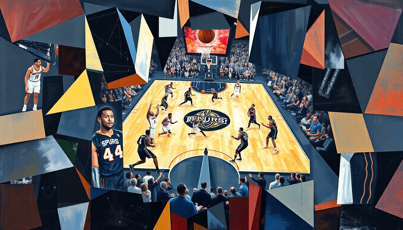 A cubist, fragmented painting depicting a basketball game between the San Antonio Spurs and New Orleans Pelicans, with the players' movements and the court's energy captured in sharp, overlapping geometric planes.