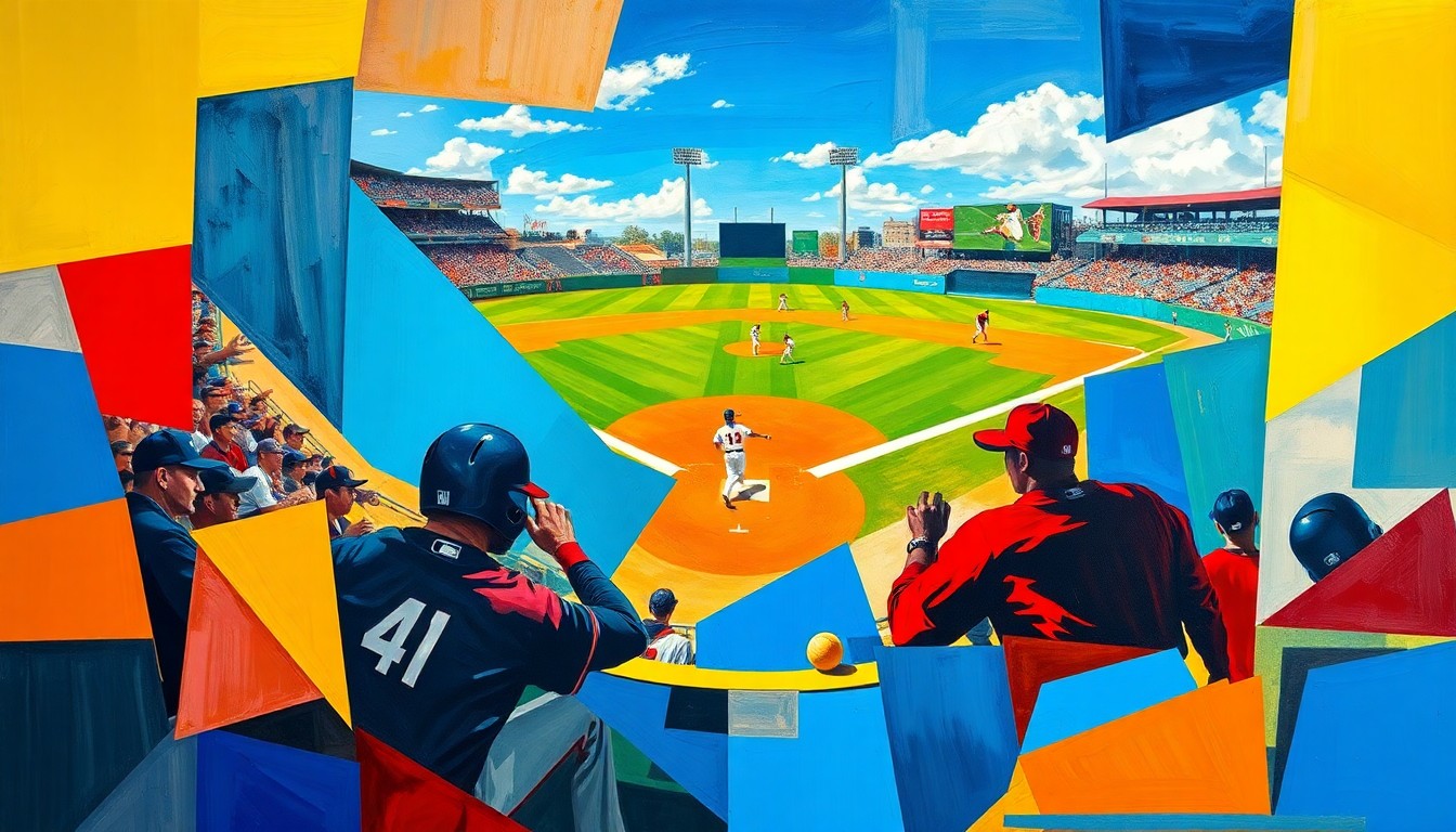 A cubist-style painting featuring overlapping geometric shapes and planes of vibrant colors, representing the dynamic action and energy of a baseball game or match, without any identifiable players or logos.
