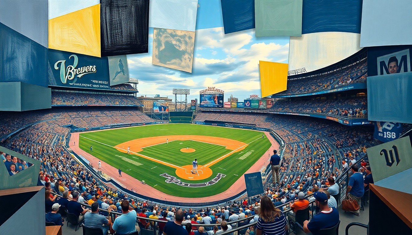 A cubist-style painting depicting a Milwaukee Brewers baseball game, with the players and field broken down into sharp, overlapping geometric shapes and planes in a vibrant color palette.