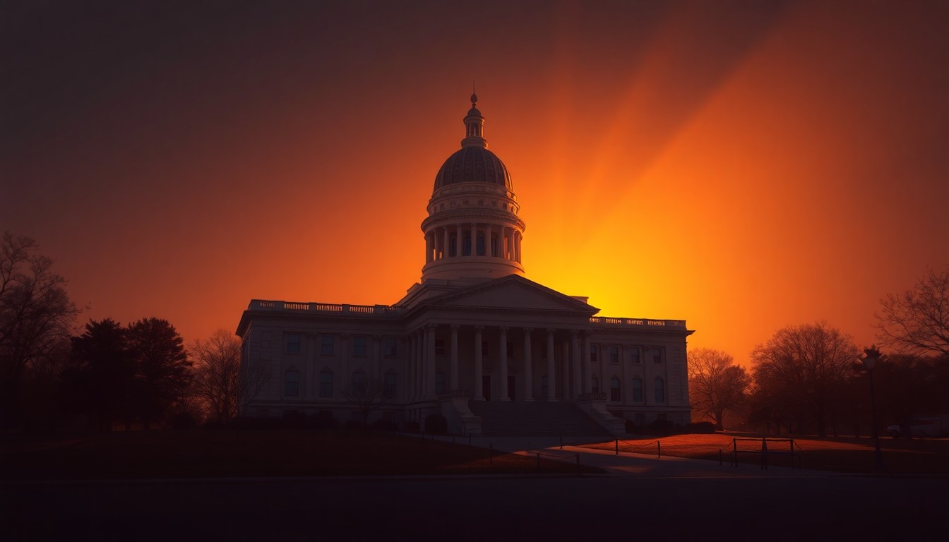 A serene, photorealistic painting of a North Carolina state capitol building in warm, golden light, with deep shadows casting across the facade, conveying a sense of quiet contemplation and the complexities of the state's electoral process.