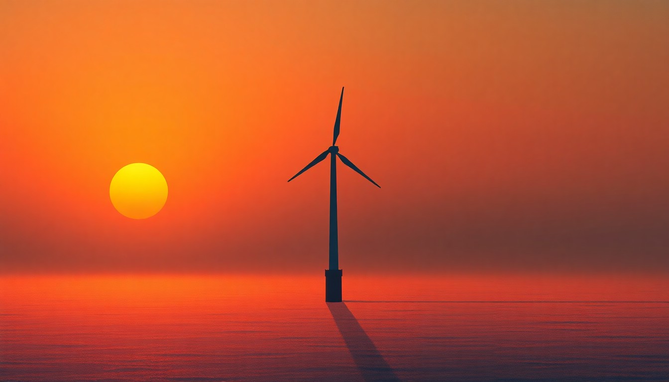 A serene, painterly image of a single offshore wind turbine standing alone in the ocean, its silhouette framed against a warm, glowing sunset sky with deep shadows cast across the water, conveying a sense of uncertainty and transition in the renewable energy landscape.