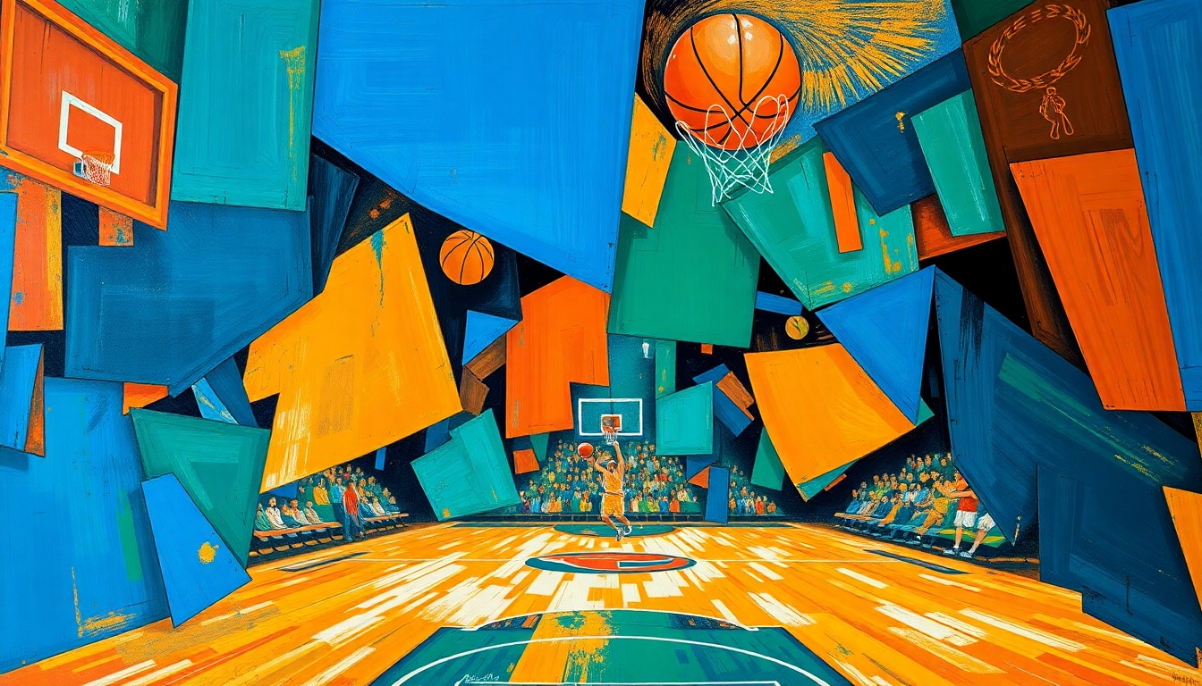 A fractured, multi-perspective painting in a cubist style, breaking down a basketball game into sharp, overlapping geometric planes of vibrant blue, orange, and green shapes, conceptually representing the Pacers' tumultuous season finale.