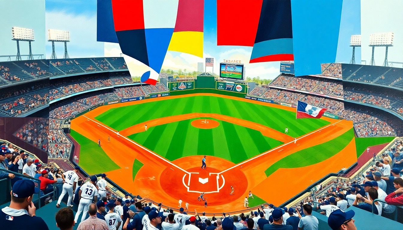 A cubist-style painting depicting a baseball game in progress, with the players and field broken down into sharp, overlapping geometric shapes and planes of vibrant colors, creating a dynamic and kinetic visual representation of the game's action.