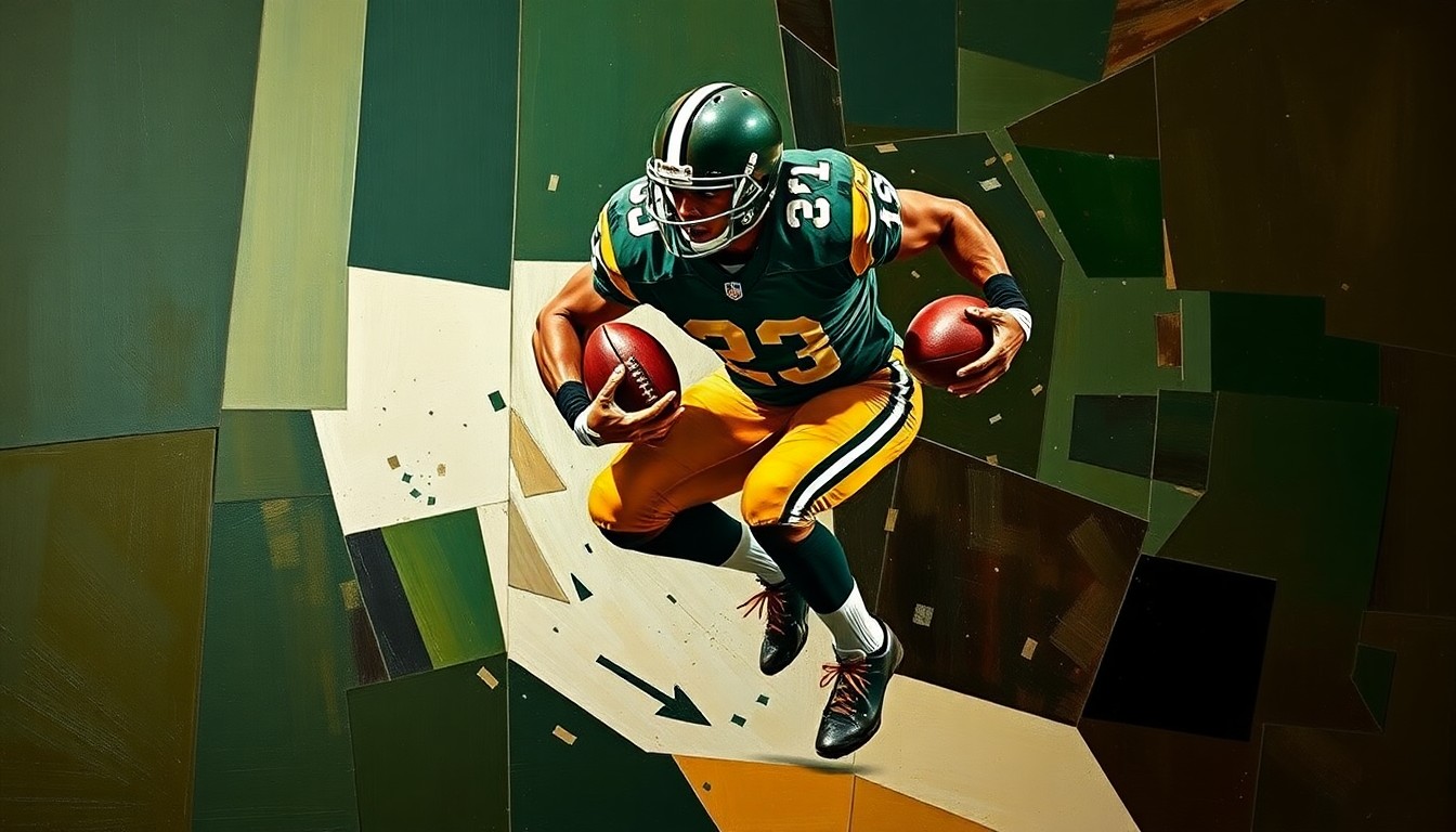 A cubist, geometric painting depicting a football player in mid-sack motion, with sharp, overlapping planes in dark green, brown, and gold tones, conceptually representing the complex defensive dynamics of a potential trade.