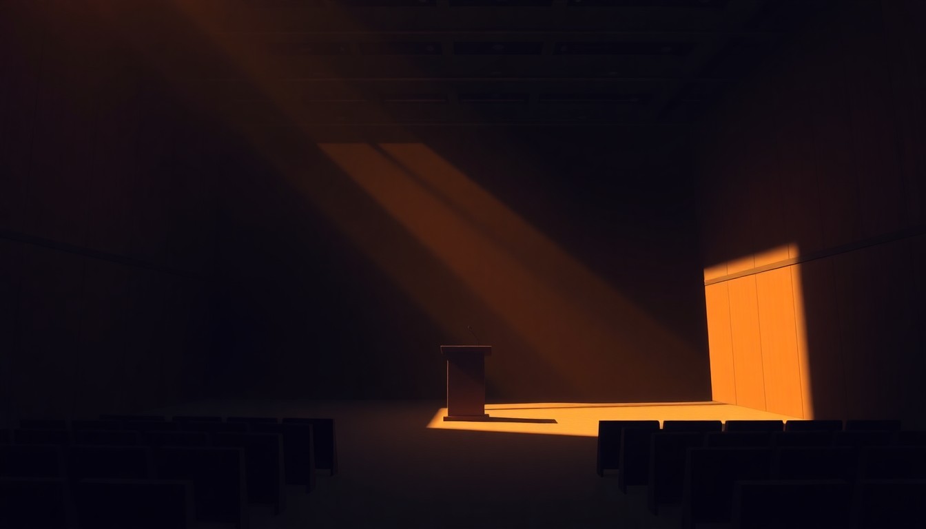 A cinematic painting of an empty conference room with a single podium in the center, the space bathed in warm, diagonal sunlight and deep shadows, creating a contemplative and anticipatory mood around an important political discussion.