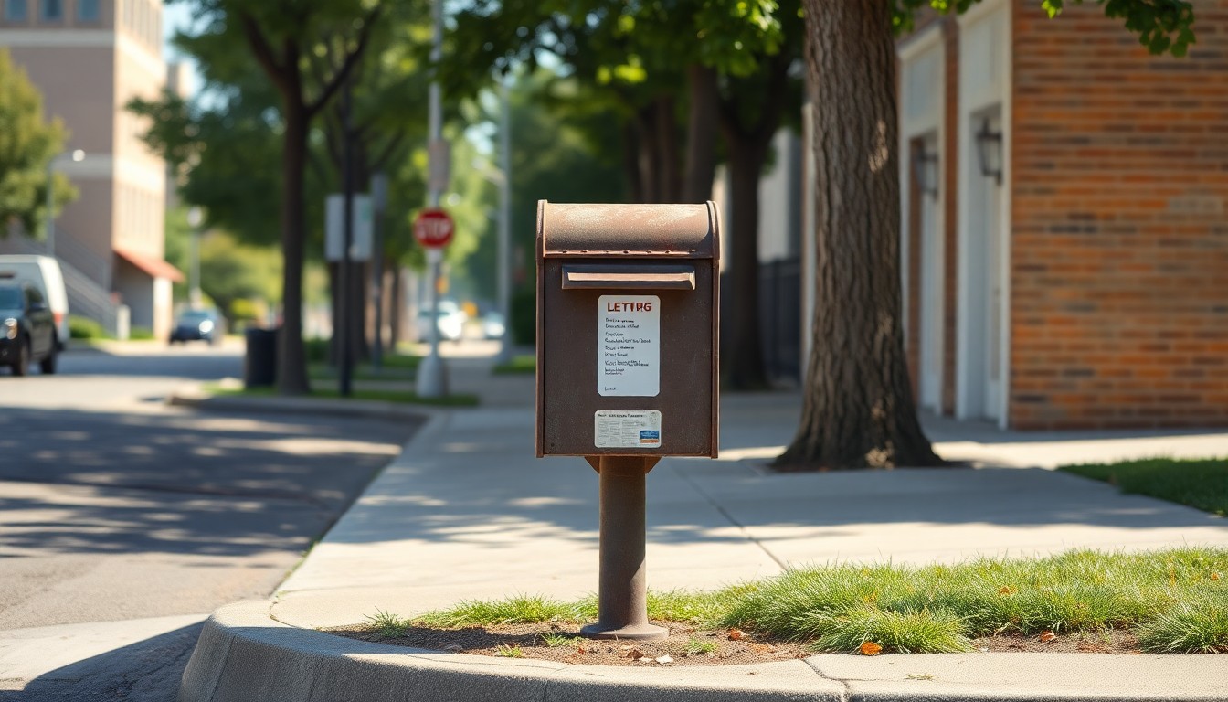 An extreme close-up of a weathered, metal mailbox standing on a sun-dappled street corner, its surface reflecting the warm, golden light. The image conveys a sense of civic engagement and community concerns through its minimalist, cinematic composition.