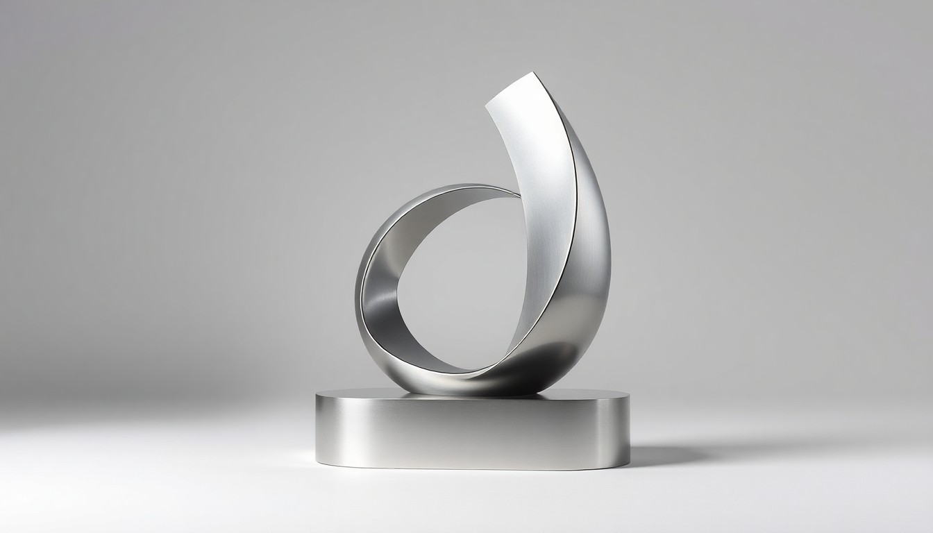 A minimalist, photorealistic studio still life featuring a polished, geometric sculpture made of brushed stainless steel, representing the modern, premium aesthetic of the Greater Columbus Convention Center.