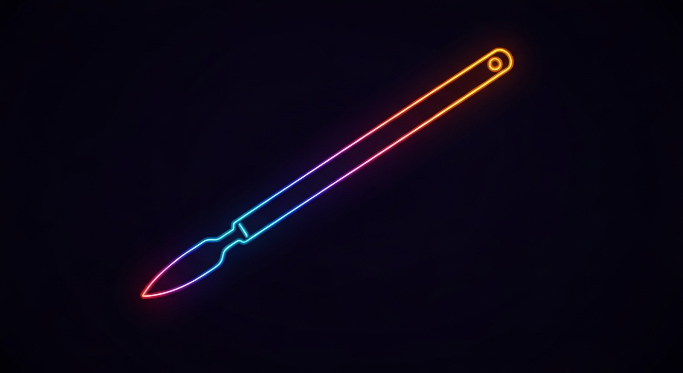 A glowing neon outline of a medical instrument, such as a scalpel or catheter, against a dark background, conceptually representing advanced medical technology and the need for radiation protection.